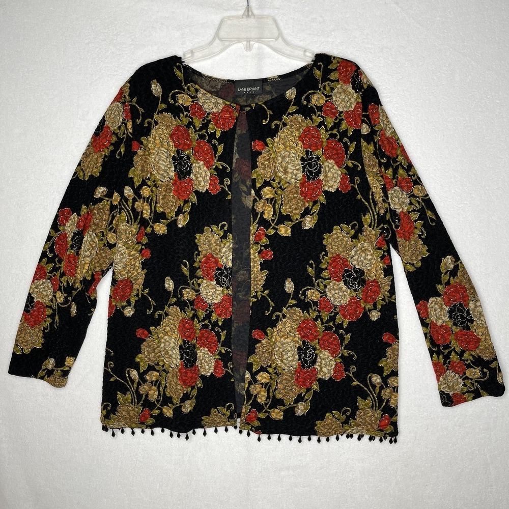 Lane Bryant Women's Button Cardigan Beaded Trim Black Red Floral No Tag 2XL/3XL